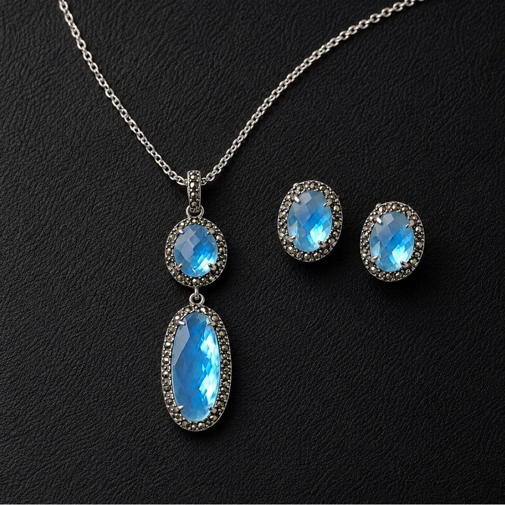 JUDITH JACK Sterling Silver Mother of Pearl Blue Topaz Necklace & Earring Set